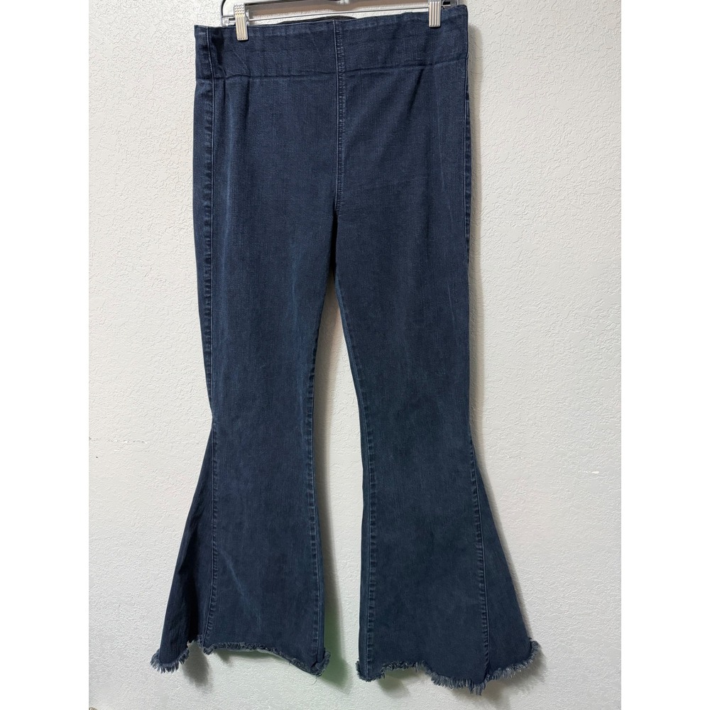 Show Me Your Mumu Dark Wash Pull On Flare Jeans High Rise Frayed Hem XXL USA
